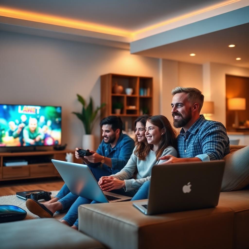 Família aproveitando internet fibra em casa